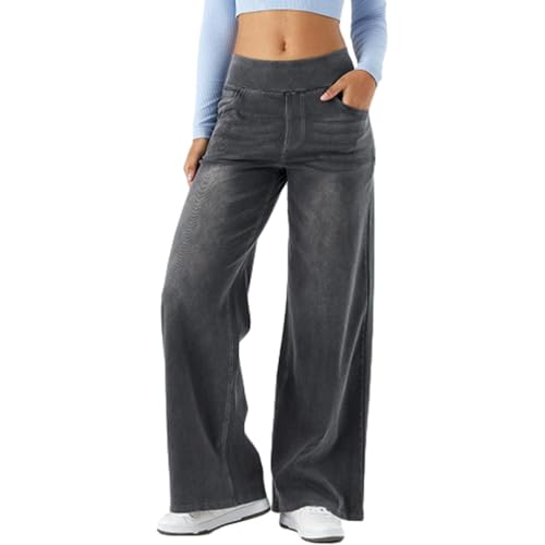 Grevela Pull Up Jeans High Waisted Multiple Pockets Wide Leg Washed Stretchy Knit Wide Leg Jeans for Women Sweatpant Denim