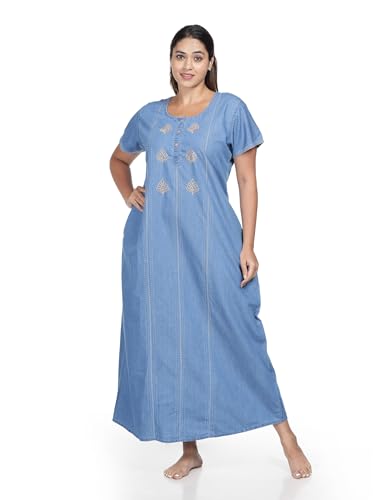 Image of 9shines Label Stylish Denim Cotton Nighty Maxi for Women | Full Length Trendy Nightgown | Premium Nightdress | Nightwear | Embroidery Nighty with Pocket (9SDS)