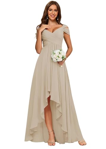 Miao Duo Women's Off Shoulder High Low Bridesmaid Dresses Ruched Chiffon V Neck Formal Gown with Pockets YZTS304