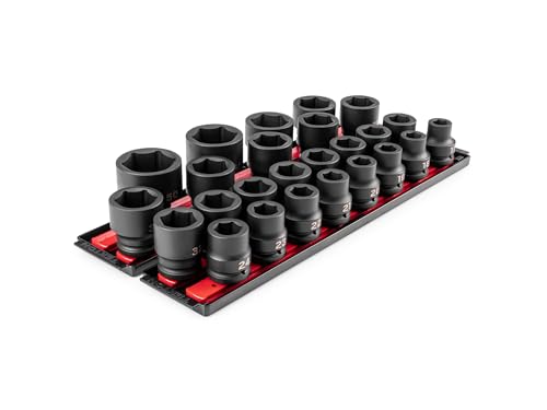 Image of TEKTON 3 /4 Inch Drive Impact Socket Set, 25-Piece | SID93113 | (17 - 50 mm, Common Sizes), Shallow, 6-Point, Socket Rail