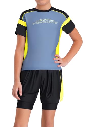 Kids Boys 2 Pieces Athletic Rash Guard Sets Short Sleeve Swim Shirts with Shorts Beachwear