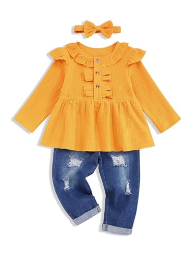 Image of Toddler Girl Clothes Long Sleeve Ruffle Dress Top and Jeans Pants Toddler Girl Fall Outfits