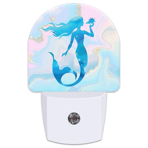 Image of Watercolor Blue Mermaid Night Light for Kids,Pastel Pink Glitter Liquid Marble Plug in Night Light with Dusk to Dawn Sensor, 0.5w Energy Saving Nightlight for Hallway Stairway Kitchen Bedroom
