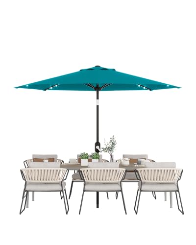 10 Ft Patio Umbrella with Solar Lights, 8 Ribs Outdoor Market Table Umbrella with 40 LED Lights & Tilt Crank for Pool, Deck, Backyard, Turquoise Blue