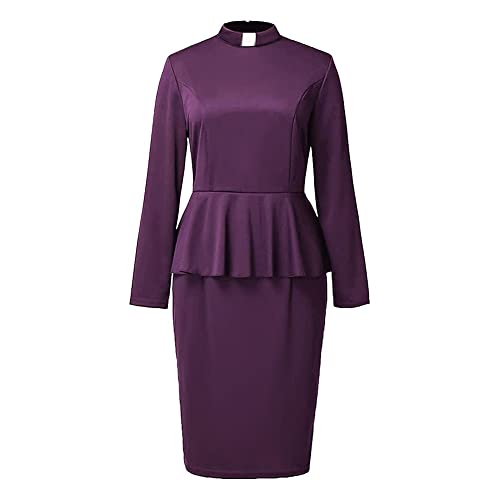 Image of FAD-4U Church Clergy Dress for Women Minister Long Sleeve Ruffle Slim Pencil Dress with Tab Insert Stand Collar