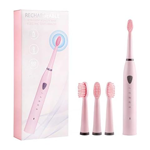 Rechargeable Electric Sonic Toothbrush for Adults 5 Modes Electric Travel Toothbrush with 2 Mins Timer and 4 Brushheads, for Daily Tooth Whitening and Oral Care (Pink) Cover