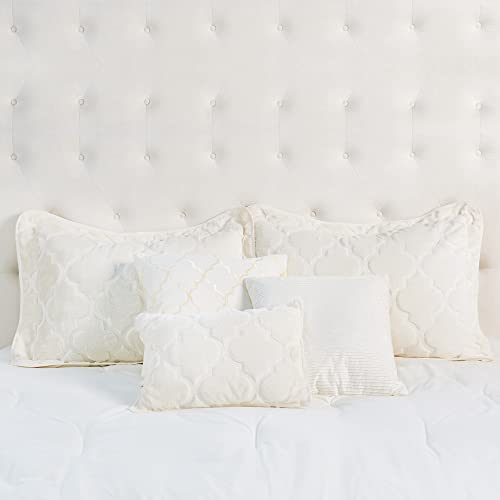 Home Soft Things Faux Fur Ogee Embroidery 7 Piece Bedspread Quilts Set, 90" X 90", Geometric Pattern Thick Bed Cover Warm Cozy Bedding Set With Matching Accent Pillows, Queen, Antique White #TOP3