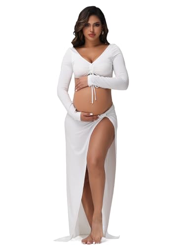 JustVH Womens Maternity 2 pcs Outfits V-Neck Backless Tie-Strap Crop Top & Twist Split Maxi Skirt for Baby Shower Photoshoot White