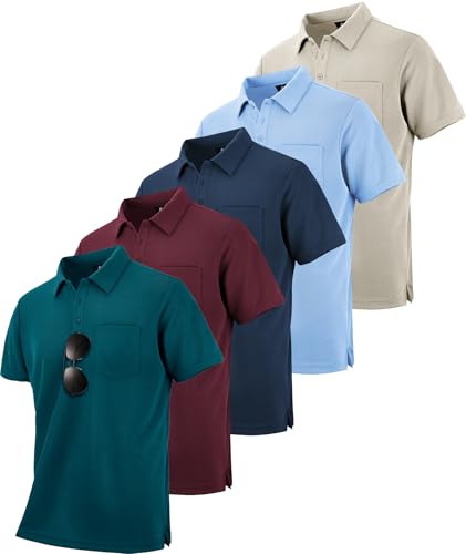 Image of SCODI 5 Pack Mens Pocket Polo Shirts Short Sleeve Golf Casual Work T-Shirt