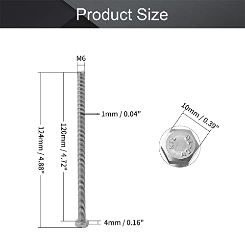 Image of MroMax 4Pcs M6 x 120mm Hex Head Screws Bolts, 304 Stainless Steel 18-8, Fully Threaded, External Hex Drive, for Mounting Chair, Handles, Rail, Pump, Wheels, Antenna Parts, Boat and Plastic Bumpers | 304 Stainless Steel, Fully Threaded, External Hex Drive, Long Bolts for Small Mechanical base, Motor Bracket, Corner Bracket