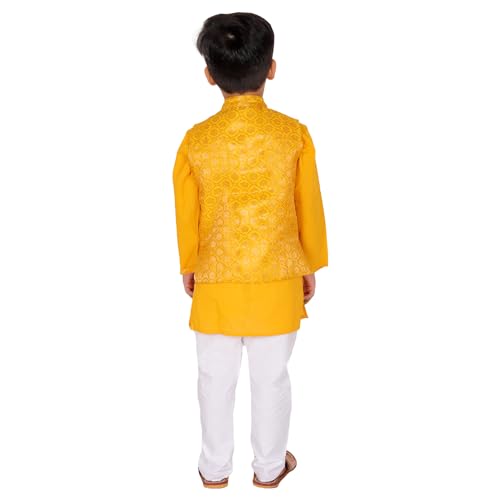 Image of Superminis Boy's Cottton Kurta Cotton Brocade Printed With Golden Thread Work Nehru Jacket and Elastic Closure Pyjama Set