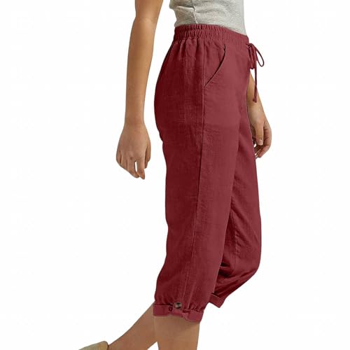Pantalones cortos de lino para mujer, con cordón, cintura elástica, pantalones capri con bolsillos, pantalones cómodos de verano, ligeros, sueltos, de 3/4 de longitud, pantalones cortos casuales de
