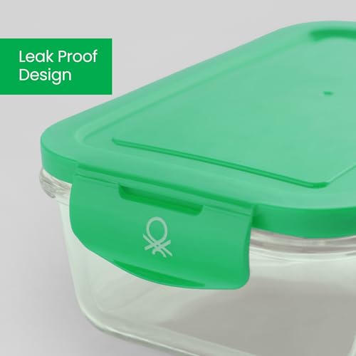 Image of United Colors of Benetton 1180 ML Borosilicate Glass Food Storage Container with Airtight Green Lid - Leakproof, Microwave, Oven, Freezer & Dishwasher Safe - Durable & Reusable Lunch /Dinner Box