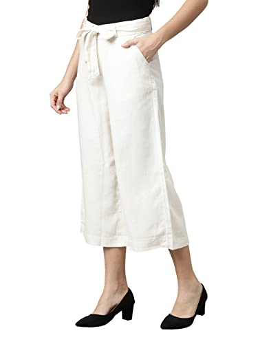 Image of GO COLORS Solid Linen Culottes for Women | High Rise, Side Pockets, Front tie-up