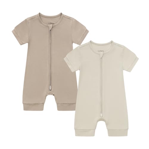 Image of JunNeng Baby Boy Girl Pajamas 2 Pack Rayon from Bamboo Summer Sleeper Infant Short Sleeve Zipper Footless One-piece Romper