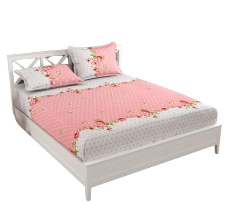 TrendRoad YFH Cotton All Round Elastic Fitted Bedsheets with 2 Pillow Covers | Double Coat Bed with All Around Elastic Supersoft (Pink & White)