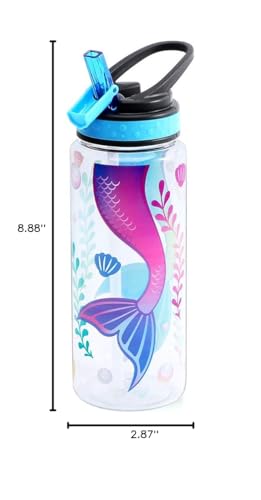 HomTune Cute Water Bottle with Straw for School Kids Girls, BPA FREE Tritan & Leak Proof & Easy Clean & Carry Handle, 23oz/ 680ml - Mermaid