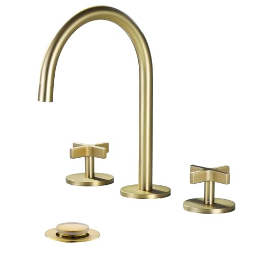 Brushed Gold Bathroom Faucet, Indare 8-Inch Brass Widespread Bathroom Sink Faucet 3 Holes with Copper Pop-Up Drain & Supply Lines, 110101-BG