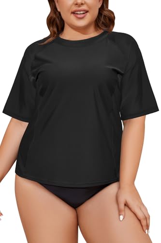 SHEKINI Camiseta de Natación con Protección Solar para Mujer Camiseta de Surf de Manga Corta Traje de Baño Superior Talla Grande（XL，Negro）