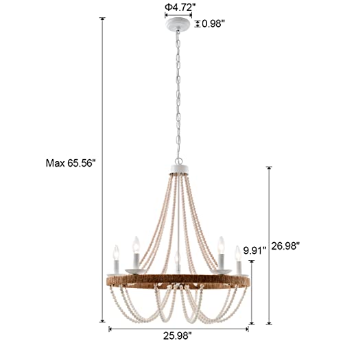 Elyccupa Wood Beaded Chandelier 5 Lights Boho Candle French Country Farmhouse Chandelier Bohemia Pendant Light For Living Room Dining Room Kitchen Foyer thumb #6