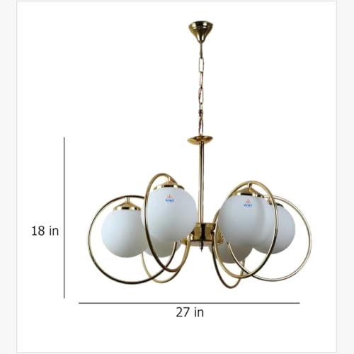 Image of WOKE Metal Mid-Century Modern 6-Light Chandelier with 6 Rings Glass Ball Shades | Gold Plated Hanging Ceiling Pendant Light for Living Room, Bedroom & Home Decor (Bulb Not Included)