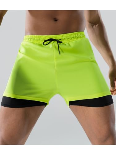 Men Beach Pool Party Solid Color Swim Shorts Double Layers Drawstrings Swim Trunks Beachwear Bathing Suit3