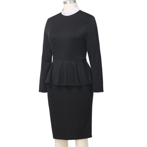 Womens Church Clergy Dress Spring/Autumn Long Sleeve Ruffle Slim Pencil Dress with Banded Full Collar4