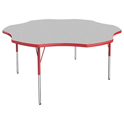Image of FDP Flower Activity School and Office Table (60 inch), Standard Legs with Swivel Glides for Collaborative Seating Environments, Adjustable Height 19-30 inches - Gray Top and Red Edge