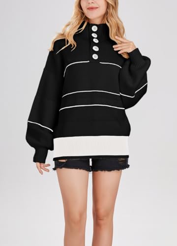 chouyatou Women's Slouchy Waffle Knit Sweater 1/2 Button Polo Collared Pullover Striped Sweater Tops4