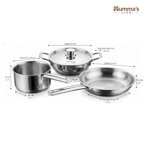 Image of Mumma's LIFE Triply Cookware Set | 4-Piece Stainless Steel Triply Cookware Set | Fry Pan 22 cm (1.9 L) | Kadai 22 cm (2.5 L) | Sauce Pan 16 cm (1.7 L) | Durable & Easy to Clean