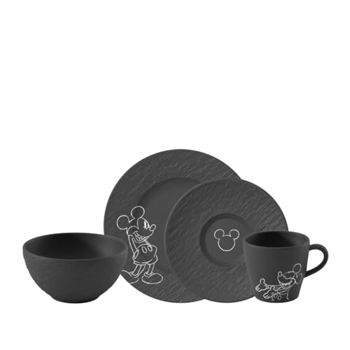 Villeroy & Boch Manufacture Rock – Mickey Mouse – set petit-déjeuner, 4 pièces, noir, résistant au lave-vaisselle/micro-ondes, look ardoise avec décor...