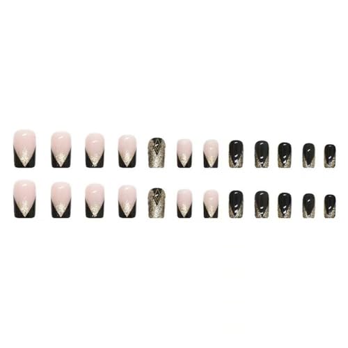 Image of Gold Glitter Press on Nails Black Full Cover Fake Nails with French Tip Design Glossy Glue on Nails Reusable Artificial Acrylic False Nails Medium Square Stick on Nails for Women Girls Manicure 24Pcs