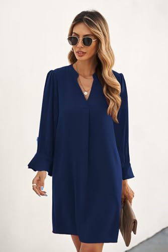Image of Wkior Womens Fall Ruffle Long Sleeve V Neck Shift Dresses (S-XXL)