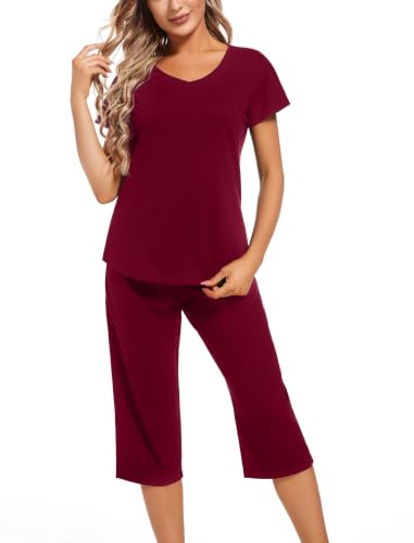 Image of ENJOYNIGHT Womens Pajama Sets Cotton Pj Set Short Sleeve Top With Capri Pants Sleepwear 2 Piece Lounge Set