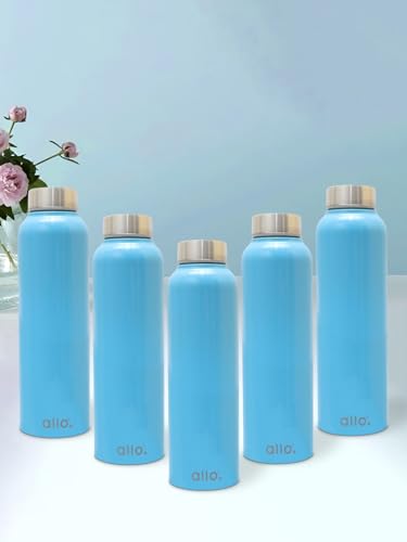 Image of Allo Stainless Steel Water Bottle For Adults, Kids 1 Litre Water Bottles For School, Office, Sports, Gym 1L Water Bottle For Men And Women, Pack Of 5 | Leak Proof & Bpa Free, True Blue Steel Cap