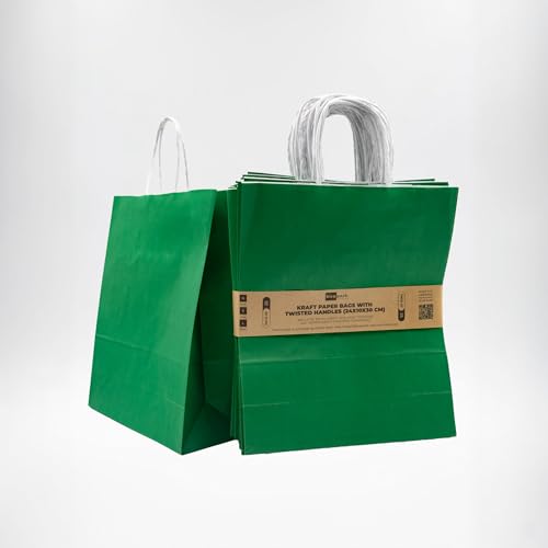 Bicapack - 25 Bolsas de Papel Kraft Colores Básicos con Asas Torcidas (24x10x30 cm) | Papel 100% Reciclado de Alta Resistencia (80 g/m²) | Ecológicas y Versátiles (Verde)