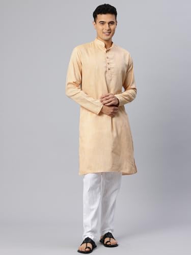 Image of Majestic Man Men's Cotton Regular Fit Traditional Mandarin Collar Ethnic Motifs Solid Long Kurta