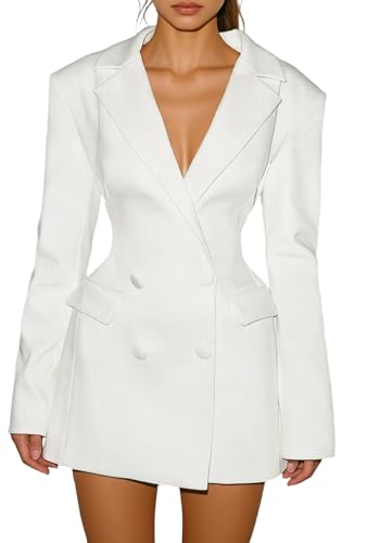 LAJIOJIO Women's Elegant V Neck Lapel Long Sleeve Button Pleated Cocktail Mini Blazer Dress White