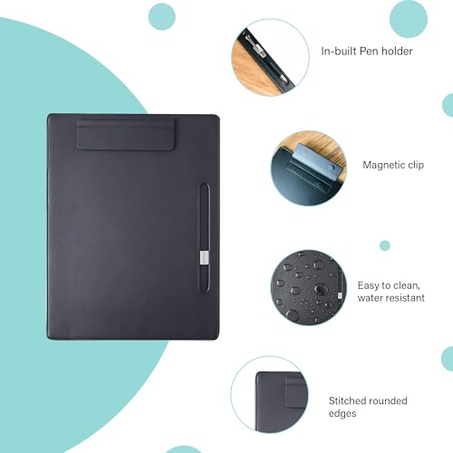 Oddpod™ Soft Premium PU Leather Magnetic Clipboard & Document Holder for Business Meetings, Writing Pad with Pen Holder, Drawing Board, Conference Pad for A4 Sheet (Black)