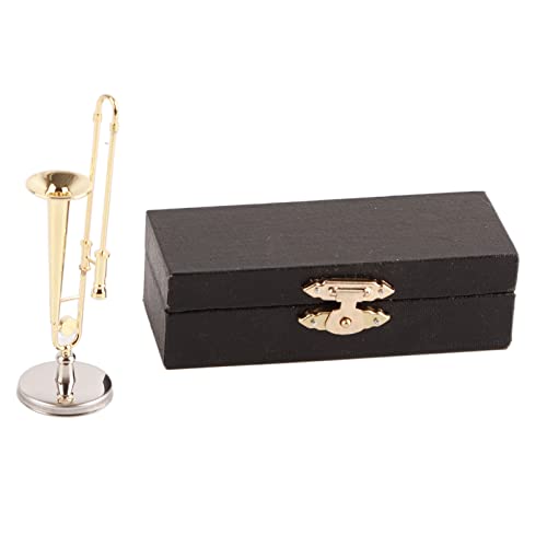 Miniature Trombone with Stand and Case, Gold Plated Brass Trombone Model Mini Musical Instrument Home Ornament