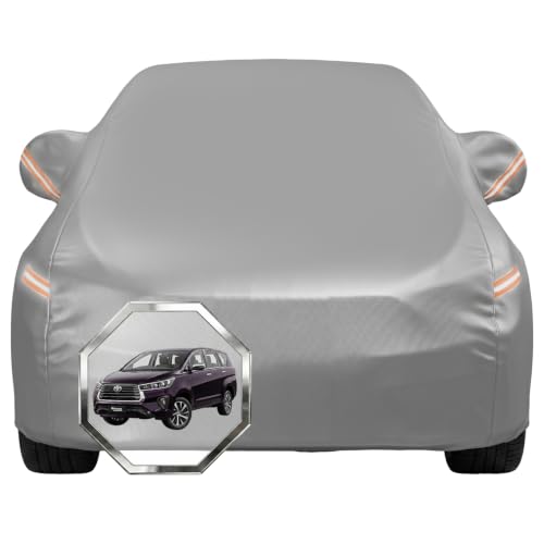 Image of Pivalo Car Cover for Toyota Innova Crysta All Model & Years with Mirror Pocket 100% Waterproof Triple Stitched Bottom Elastic Dust, Heat & UV Resistant Full Body Protection (Grey with Highlighter)