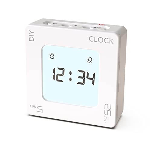 ThreeH Digital Temporizador Giratorio con Reloj 5, 25 Minutos Preajuste Temporizador Cuenta Atrás Reloj Despertador Multifunción Herramienta Gestión del Tiempo para Clase Reunión Blanco