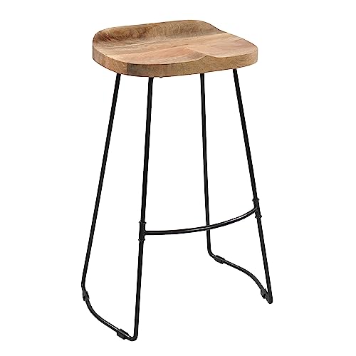 Butaco artesanal TIVA de 30 pulgadas, asiento de madera de mango marrón natural y base metálica negra, estilo industrial, con reposapiés miniatura 1