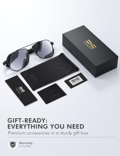 Image of Luenx Aviator Polarized Sunglasses for Men: Square UV400 Driving | Big Head Fit,Adjustable Nose Pads,Lightweight,Anti-slip,Impact-resistant,Scratch-Resistant,Glare Reduction,Gift-Ready Set