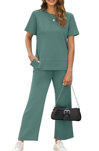 Image of XIEERDUO Women's Side Slit Lounge Sets 2026 Fashion 2 Piece Travel Outfits Cozy Loungewear Wide Leg Tracksuits S-3XL