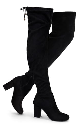 Vepose Women's Over The Knee High Boots Black Suede Thigh High Boot Vegan 3 Inch Chunky Heels Zipper Adjustable Opening 991 Shoes Size 8 (CJY991 Black Suede 08)