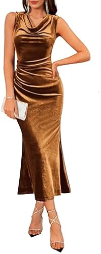 GRACE KARIN 2025 Velvet Wedding Guest Dresses for Women Winter Formal Cocktail Maxi Dress Evening Gown Gold Brown Medium