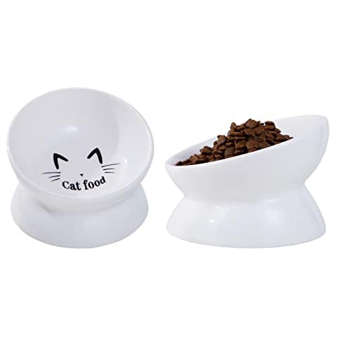 OMAYKEY Ceramic Raised Cat Bowls, Tilted Elevated Cat Food and Water Bowls, Porcelain Stress Free Cat Food Feeder Bowl Collection, Pet Bowl Dish for Cats and Small Dogs, White, Set of 2 Cover