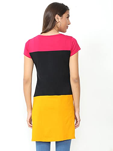 Image of FLEXIMAA Women's Cotton Round Neck Color Block Half Sleeve Long Top