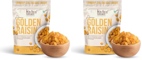 Image of KitchenSmith Golden Raisin Seedless - 500gm | Dakh, Indian Kishmish, Raisins | Premium Long Raisins & Naturally Sourced Dry Fruits (Air Tight Pouch) (Pack of 2)